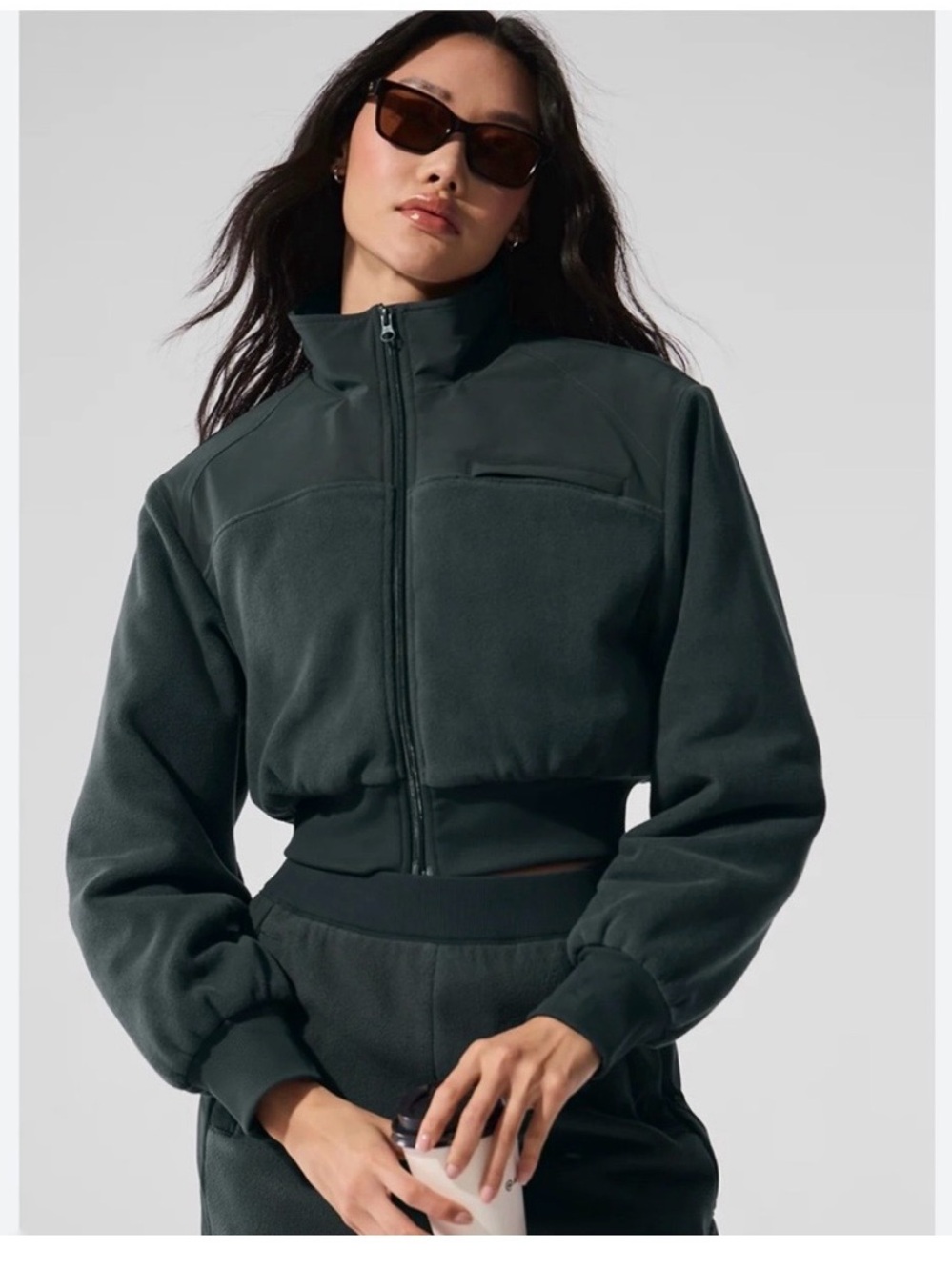 Alo Cropped Full-Zip Fleece Jacket - Dark Green